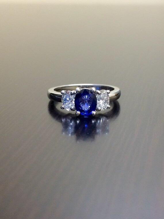 Ceylon Blue Sapphire Engagement Ring Three Stone Diamond