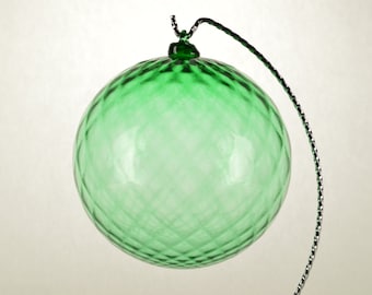 Hand Blown Glass Christmas Ornament Green with crisscross stripes
