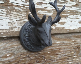 Cast Iron Wall Decor - Deer Head Hook - Gray distressed