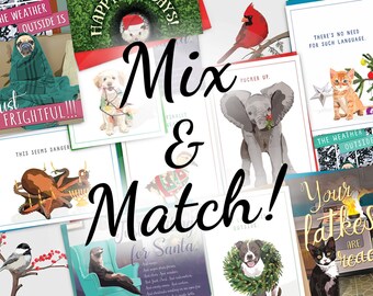 Funny Holiday Cards Boxed Set of 15. Make your own mixed pack. Funny Christmas Cards. Funny Hanukkah cards. Funny holiday cards set.