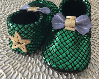 Little Mermaid Ariel Leather Baby Moccasins, Mermaid Moccs, disney, Baby Moccasins, Disney Toddler Moccasins, Leather Baby Moccasins