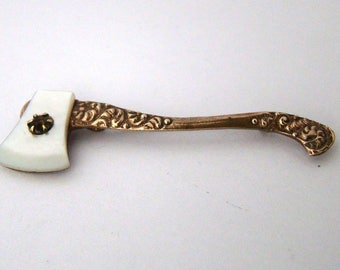 Antique Victorian Gold Filled Repousse & Mother of Pearl Axe Pin Brooch