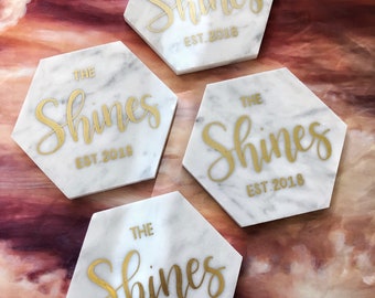 Personalized Coasters, Custom Coaster Set, Engagement Gift, Marble Coasters, Last Name Marble Coasters, Handlettered Coasters