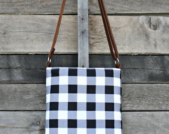 Crossbody Bag, Black and White Buffalo Plaid, Genuine Leather, Everyday Purse, Adjustable Strap