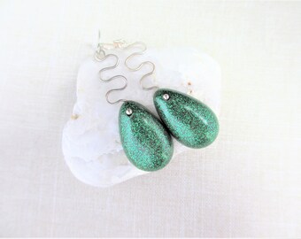 Handmade Earrings, Green Teardrop Resin Earrings, Green Resin Earrings, Green and Silver, Dangle Earrings, Heart, Dangle, Women, Teen, Gift