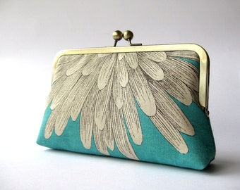 Reserved-Chrysanthemum silk lined turquoise floral clutch , Bag Noir, Bridesmaid clutch, Weddings bride formal clutch purse