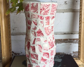 Broken China Mosaic Vase - Red and White Transferware