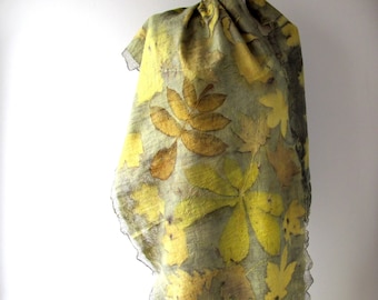 Nuno Felted scarf Yellow Grey felt scarf Autumn scarf plant print scarf women felt shawl printed shawl botanicals by Galafilc outdoors gift