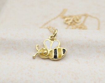 Honey Bee Necklace Gold Plated Sterling Silver Insect Charm Pendant Dainty Cable Chain Bumble Bee