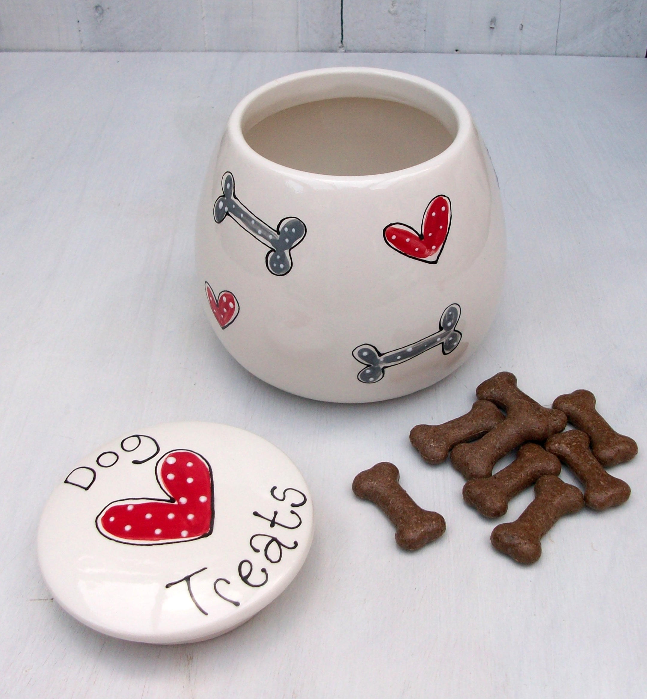 Personalised Ceramic Dog Treat Jar with hearts and bonesstars