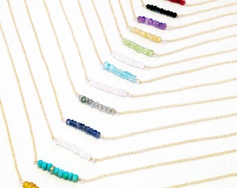 Gemstone Bar Necklace, Gold Birthstone Necklace, Bead Bar Necklace, Dainty Gemstone Necklace, Beaded Necklace, 14k Gold Filled, Silver