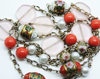 Vintage Art Deco Pink Peking Glass Cloissone Bead Chinese NECKLACE