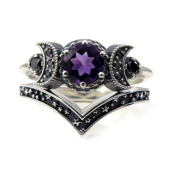 Triple Moon Ring Set - Pick Your Center Stone - Sterling Silver and Black Diamond Engagement