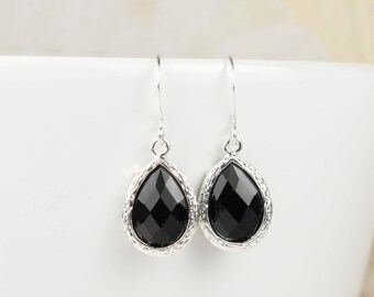 Black Silver Framed Teardrop Earrings, Black Silver Dangle Earrings, Silver Earrings, Bridal Earrings, Black Silver Earrings