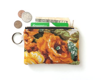 Keychain Wallet Coin Purse Zipper Pouch Floral Linen