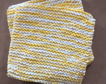 Hand Knit Cotton Pot Holders - Set of 2 - Yellow and White Hot Pads