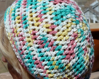 Women's chemo hat that's slouchy, great comfort and style, handcrafted all cotton hat, beautiful pastel colors, free shipping on chemo hats