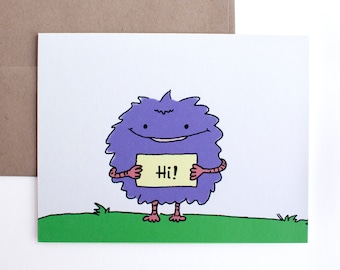 Fuzzy Purple Monster Card – Hello Card – Thinking of You Card – Any Occasion Card