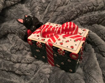 Black Scottie Dog Scottish Terrier Christmas Ceramic Box, Black Scottie Dog Christmas Holiday Trinket Box
