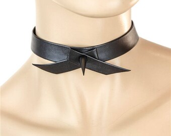 Cute Black Ribbon Tie Leather Choker w/ Spike Alternative Collar - FC272BLK