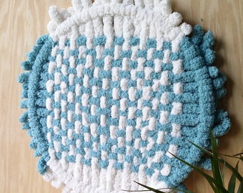 Chunky yarn weaving wall hanging Teal living room decor Large 14 Inches hoop wall hanging Modern macrame living room Housewarming gift