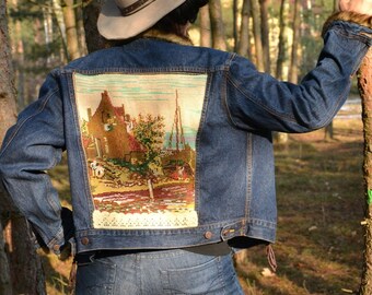 Upcycled denim jeans jacket hippie boho L XL denim recycled recycled clothing embroidered jacket