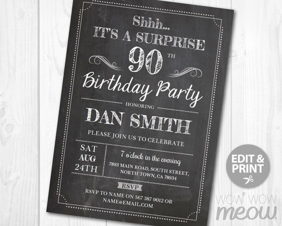 Surprise 90th Birthday Invitations NINETY Invite Chalk Party