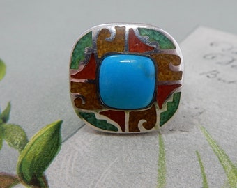 CAROLYN POLLACK Relios Sterling Silver Turquoise & Mosaic Ring Size 9 PP12