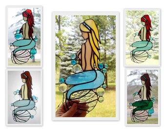 Stained Glass Mermaid Panel, Beach Decor, Glass Art, Custom Colors, Mermaid Gift, Gifts for Her