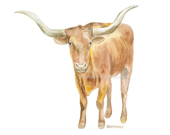 Longhorn Watercolor Painting 7x5 Giclee Print Reproduction - Western Art Cattle Ranch Texas UT