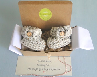 Grandparent Pregnancy Announcement, BOOTIES IN A BOX®, Baby Reveal, Ribbed Cuffs with Optional Wood Buttons, Baby Booties, Baby Reveal Box