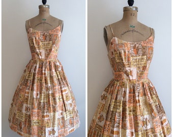 Reserved // Vintage 1950s Novelty Print Cotton Dress 50s Sundress