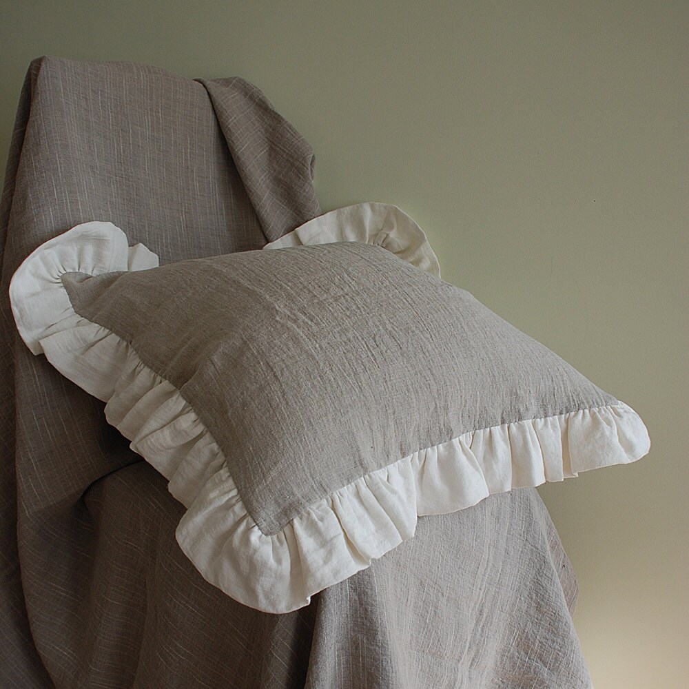 Ruffled natural linen pillow sham stonewashed linen