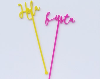 Hola, Fiesta, Salud, Celebrar, 6 CT. Swizzle Sticks, Stir Sticks, Drink Stirrers Laser Cut, Acrylic