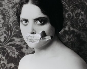 Toothy - FREE SHIPPING Surreal Photo Print Creepy Portrait Dark Art Face Teeth Torn Paper Distorted Black & White Poster Wall Decor Strange