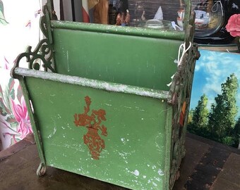 35% off Sale Vintage antique magazine book newspaper metal stand with decorative images painted on front storage farmhouse boudoir