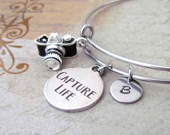 Capture Life Camera Charm Personalized Hand Stamped Initial Birthstone Photographer Charm Stainless Steel Expandable Bangle Bracelet