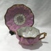 Hand Painted Castle Japan Iridescent Pink with Iridescent White Interior 3 Leg Footed Teacup and Saucer Gold Trim PInk and White Luster