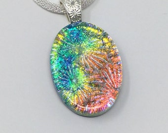 Dichroic Glass Pendant, Fused Glass Jewelry, Rainbow Starburst Dichroic Necklace