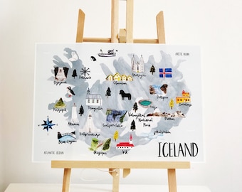 Iceland Illustrated Map - A4 Print - Watercolour Map - Map of Iceland - Icelandic Map - Illustrated Iceland Map - Iceland Gift - Nordic Map