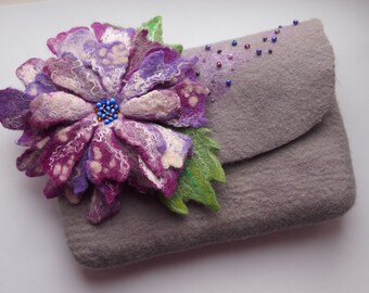 Fanny pack-Floral fanny pack-Felted wool purse-Felt bag-grey-purple-ready to ship