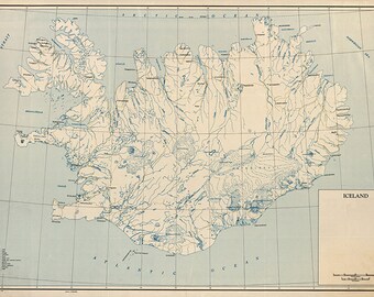 Map Of Iceland 1949. Restoration Hardware Home Deco Style Old Wall Vintage Reprint. Varies sizes available.