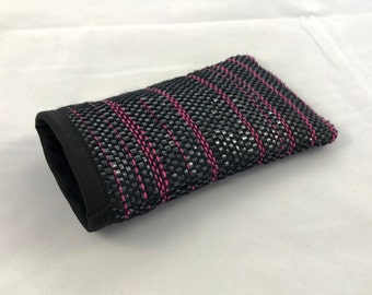 Sunglass case, black with abstract pink stripes, finished handmade and handwoven, with black satin lining