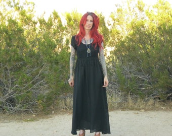 Vintage Long Black Maxi Dress - Chiffon | Lace | Fringe - Peggy USA - Med - Short Sleeve