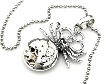 Silver Tarantula Necklace - Halloween Spider Pendant - clockwork spider pendant - Steampunk gift idea