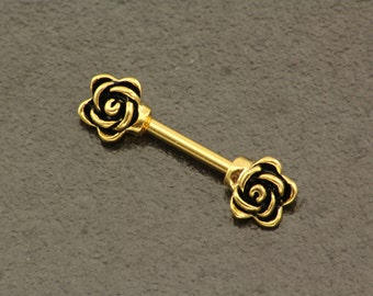 Gold Rose Nipple Bar. Flower Nipple Ring. Golden Nipple Jewelry. 14G Body Jewellery. 14 Gauge Gold Nipple Barbell. Elegant Simple Nipple Bar