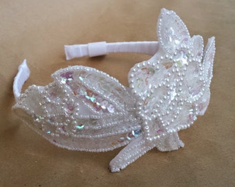 Flower Girl Headband; White Sequin and Pearl Flower Girl Headband; White Flower Wedding Headband; Flower Girl Sequin Headband