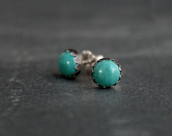 Turquoise Sterling Silver Stud Earrings 6mm Cabochon Round Natural Turquoise Gemstone Post Earrings Turquoise Gem Jewelry Silver Studs Posts