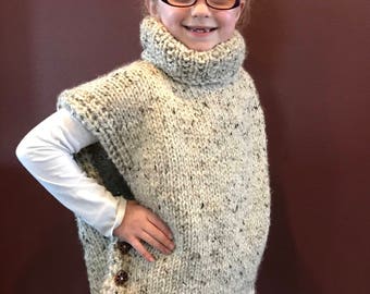 Hand Knit Girl's Wool Poncho / Pullover Sweater