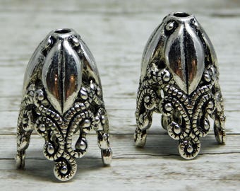 Tassel Caps - Tassel Cones - Silver Bead Caps - Large Bead Cap - Ornate - 29x19mm - Tall Bead Caps - Large Beads Caps - 2pc (6036)